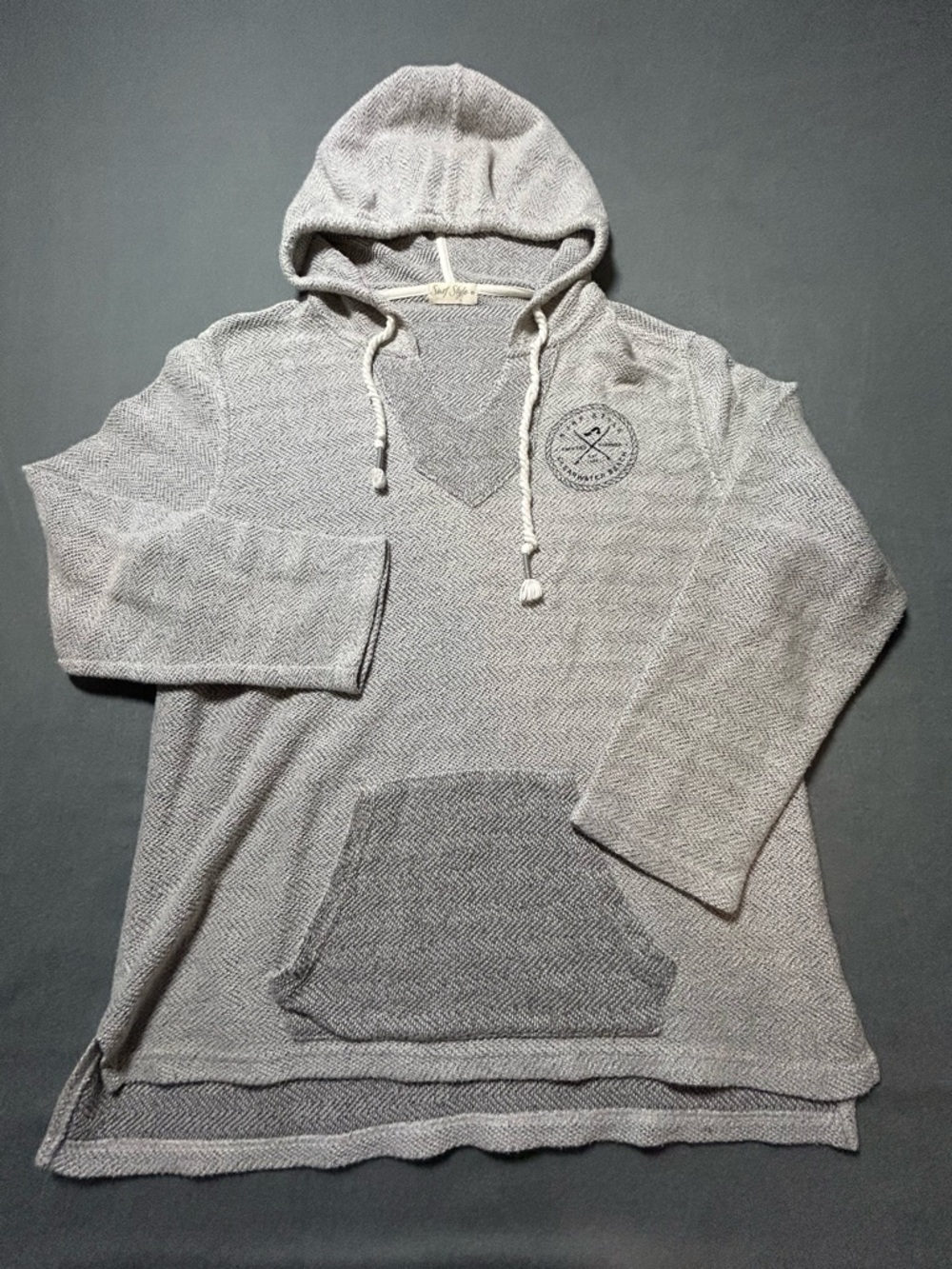 surf style Gray women’s Hooded Baja Pullover with Drawstrings